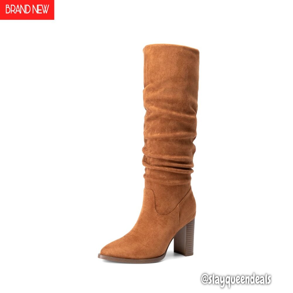 Women's Knee High Boots Pointed Toe Chunky Block Heel Suede Slouchy Tall